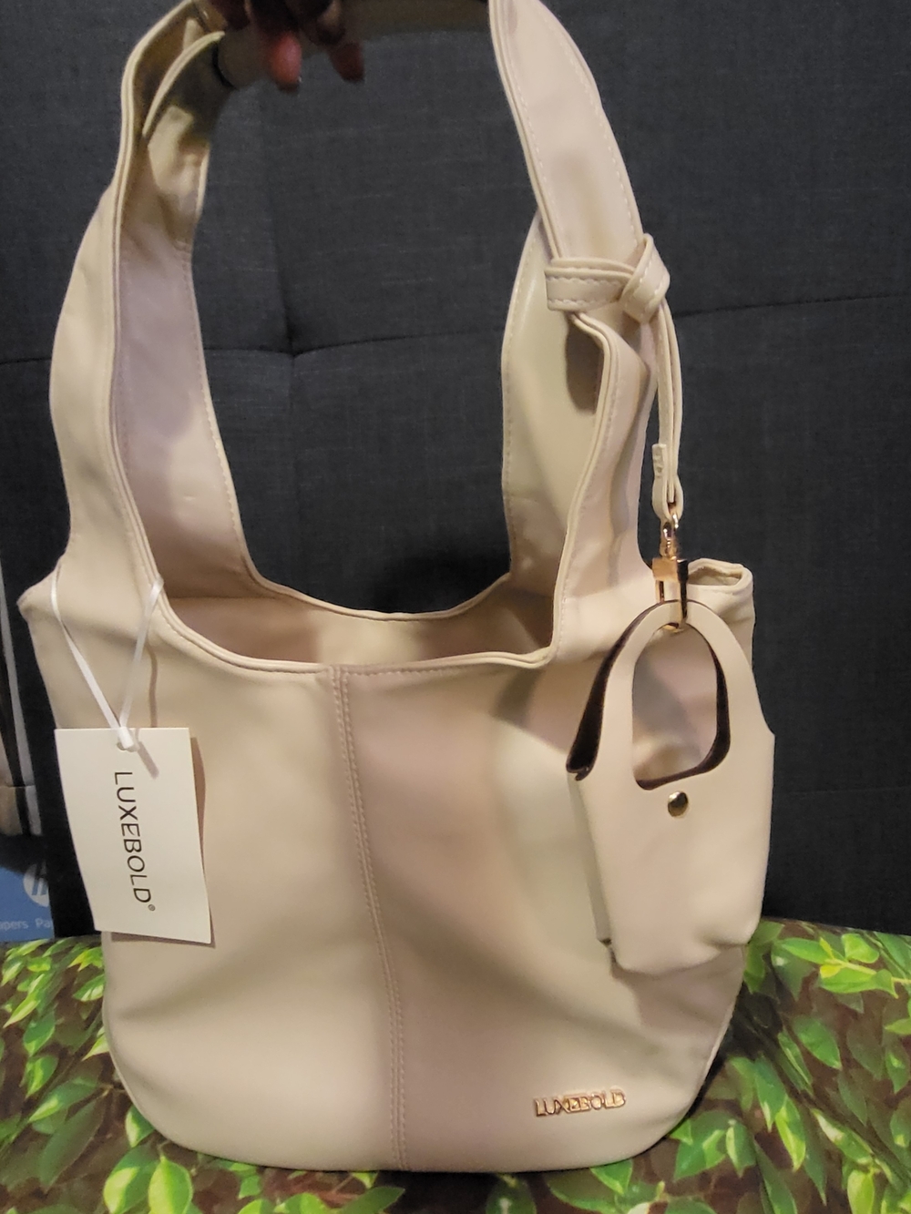 Cream Shoulder Tote with Key Pouch